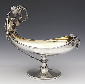 Rare Gorham antique sterling fruit bowl on stand with silver gilt fox and grape vines and grapes